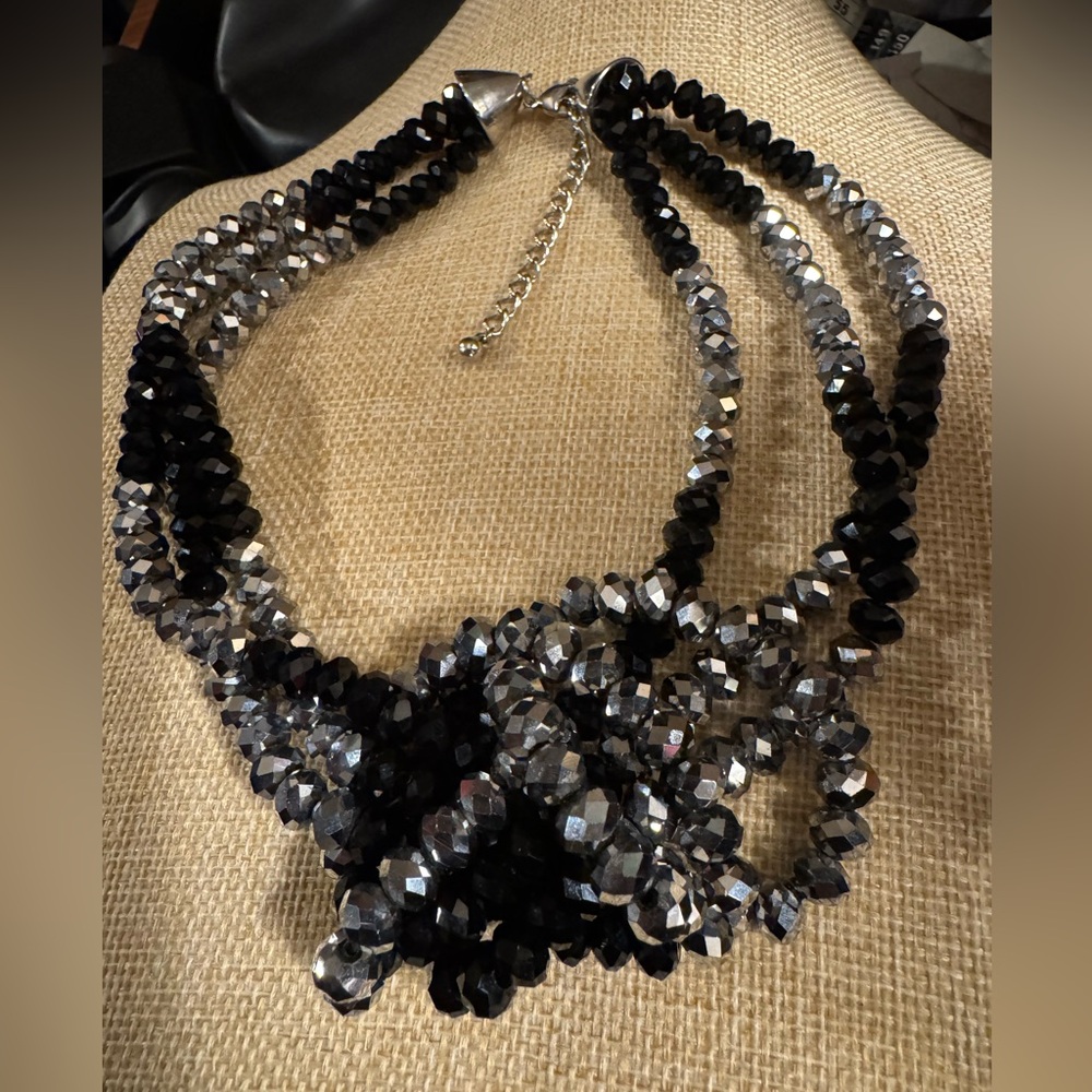 Vintage black and silver twisted, multi strand, beaded necklace.